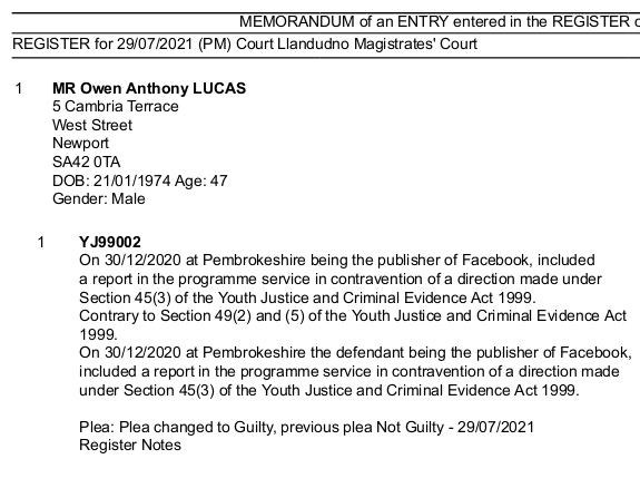 Court Register recording Owen Lucas' conviction for breaching sub-judicae