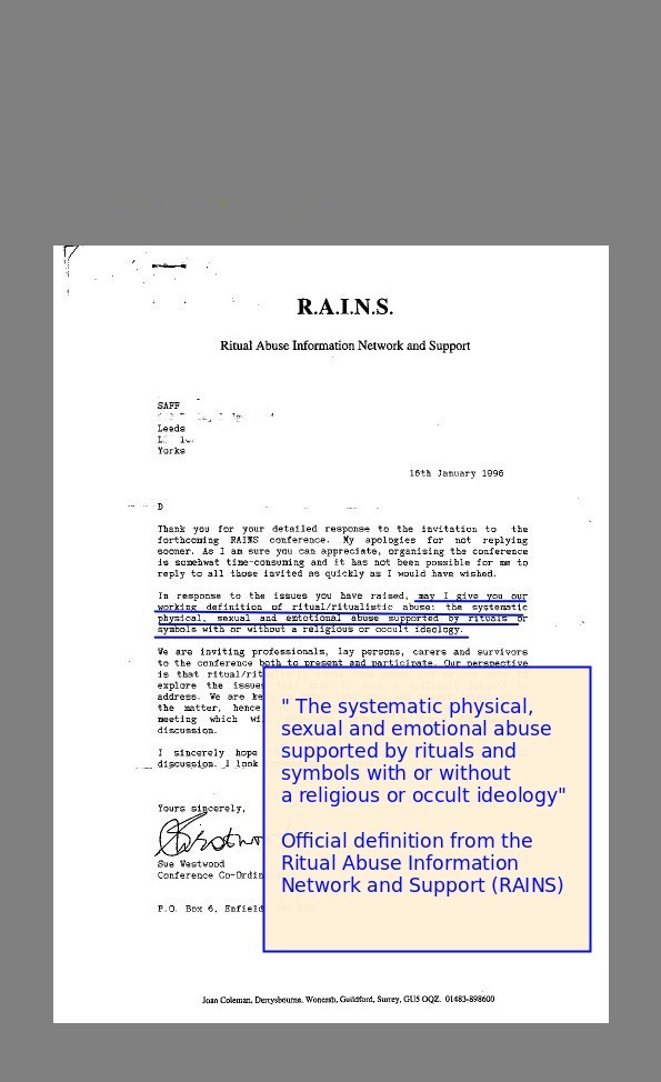 Definition of Ritual Abuse from RAINS 1996