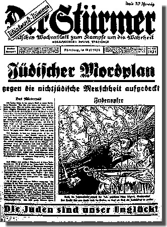 Front page of Der Sturmer official Nazi newspaper showiing Jews drinking the blood of a sacrificed Christian child