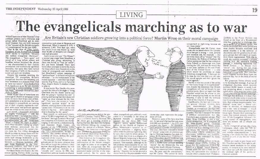 Evangelicals Marching To War  - Independent 20 April 1988