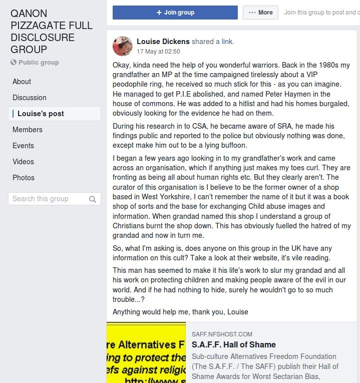 louise dickens defamatory qanon pizzagate message