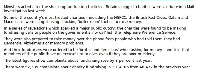 Daily Mail report. NSPCC criticised for sharp practices in fund-raising