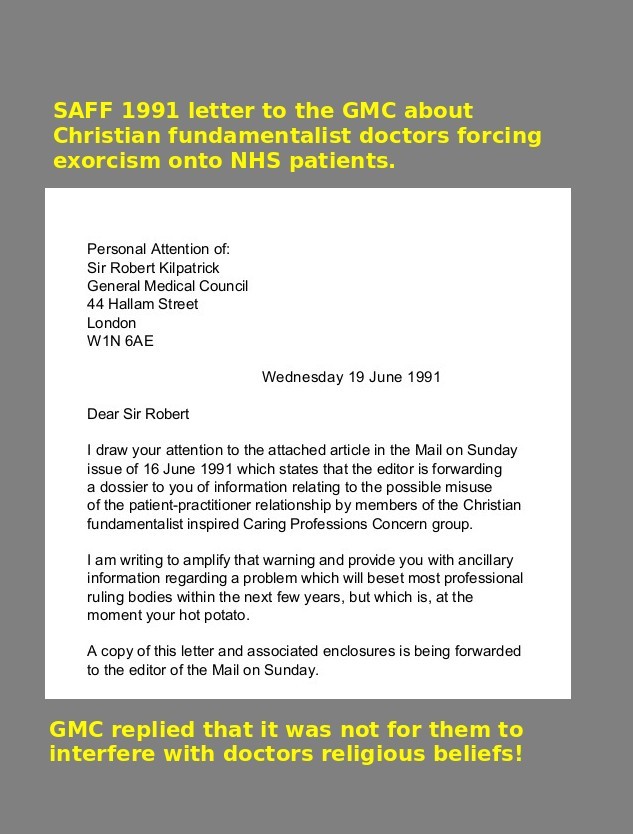 SAFF 1991 letter to the GMC asking them to stop the
                exorcism of patients
