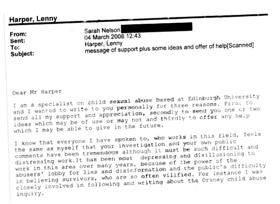 Sara Nelson's email to Lenny Harper, inviting herself as an 'expert' on Ritual Abuse.