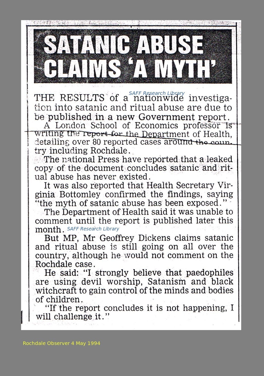 Satanic Abuse Claims A Myth - Rohdale Observer 4
                may 1994
