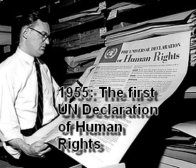 1955: A man looks at one of the first documents published by the United Nations, 
The Universal Declaratio of Human Rights Poster