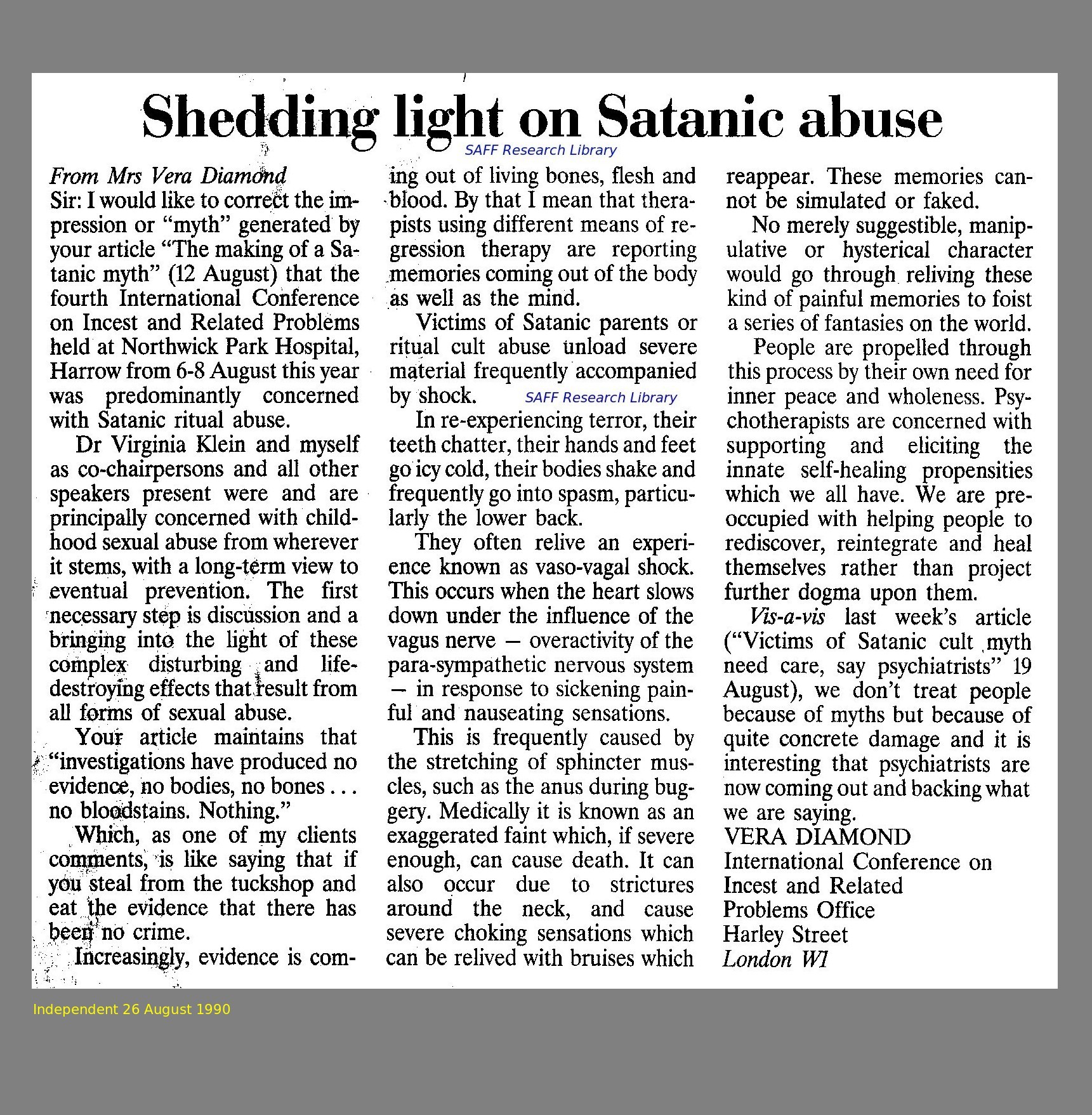 Vera Diamond's reply to Rosie Waterhouse Making of a Satanic Myth article