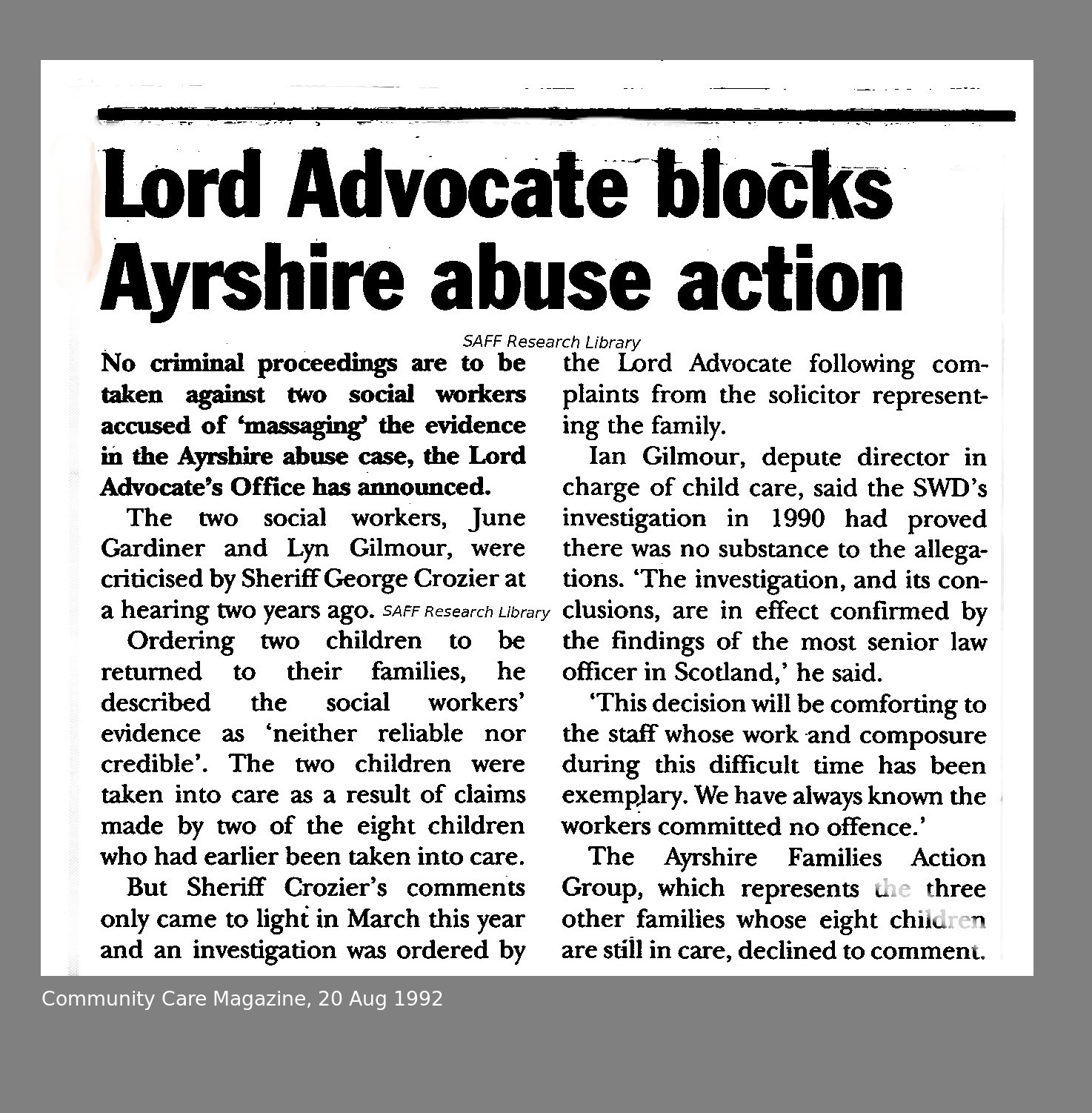 Ayrshire SRA case. June Gardiner and Lyn Gilmour are let off